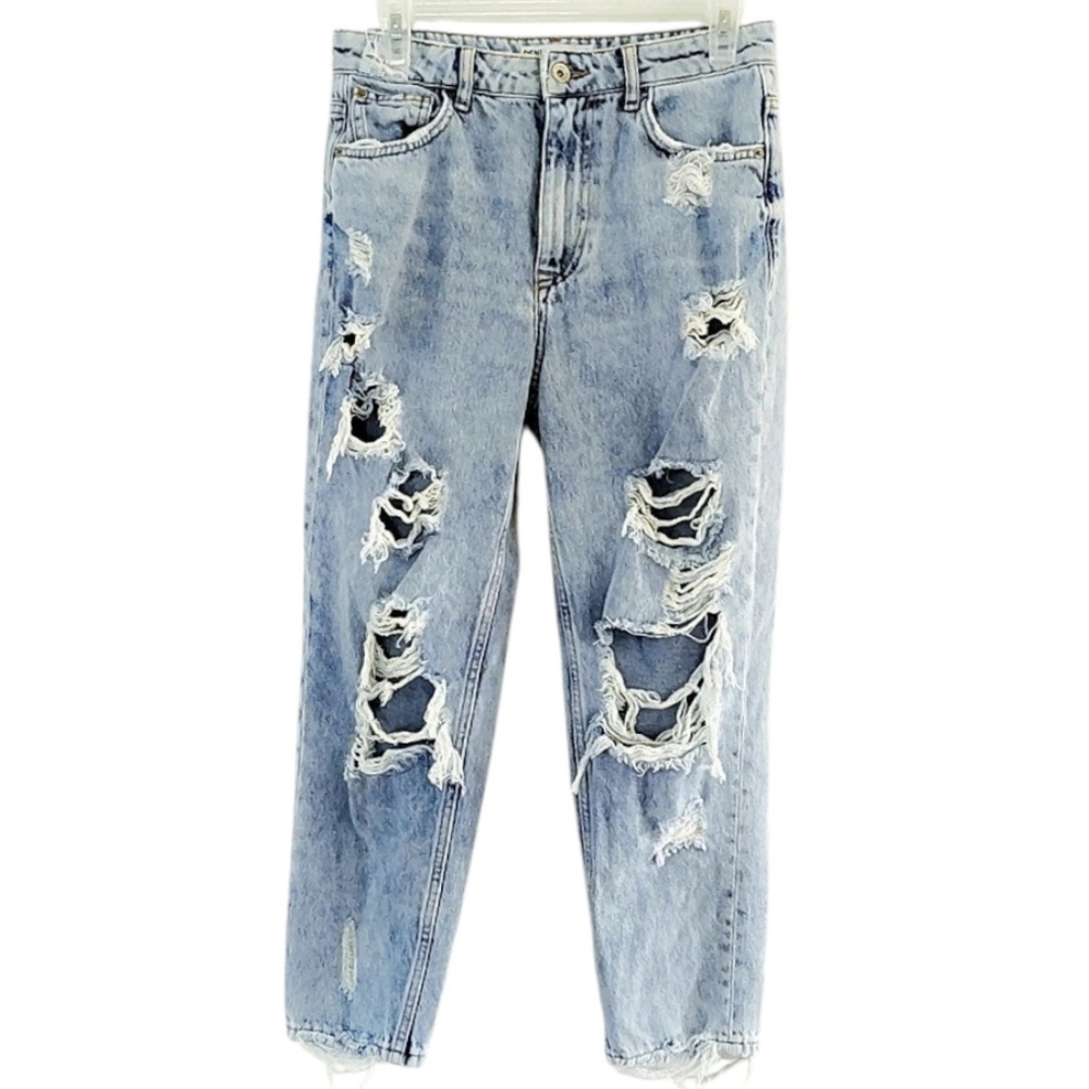 Mom Jeans Bershka High Rise Destroyed Ripped Distressed Denim - Picture 2 of 11